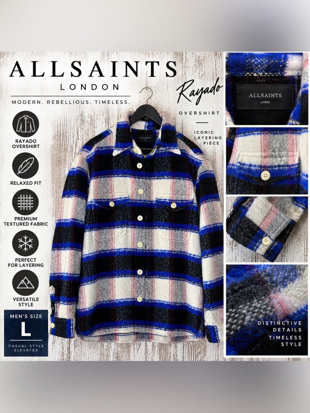 ALLSAINTS Rayado Plaid Overshirt Relaxed Fit Shirt Jacket Men’s Large L